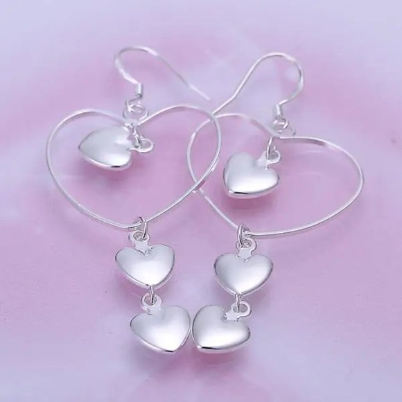 Beautiful Hanging Heart's Earring's Solid Sterling Silver " Hypoallergenic " - Picture 3 of 5